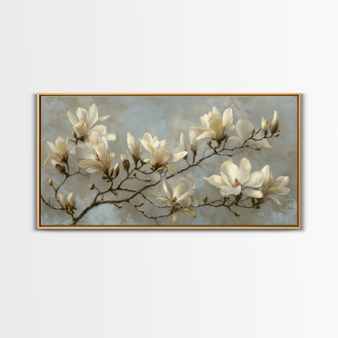 Delicate Magnolia Branch on Cream Background Canvas Print, Above Bed Art, Wall Art, Bedroom Decor, Fine Art, Serenity, ABA-2x1-36