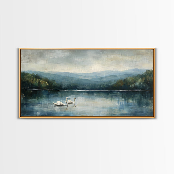 Paired Swans in a Dreamy Painterly Lake Framed Canvas Print, Above Bed Art, Fine Art Print, Bedroom Decor, Fine Art, Serenity, ABA-2x1-42
