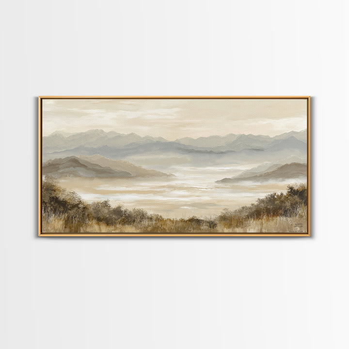 Panoramic Misty Mountain Landscape Framed Canvas Print, Above Bed Art, Mid Century Modern, Bedroom Decor, Oil Painting, ABA-2x1-45