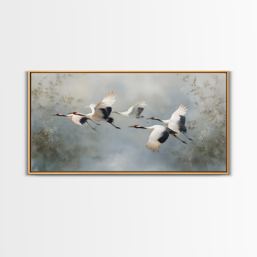 Ethereal Cranes Flying Through Pale Morning Mist Canvas Print, Above Bed Art, Digital Prints, Bedroom Decor, Serenity, ABA-2x1-5