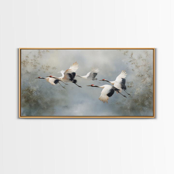 Ethereal Cranes Flying Through Pale Morning Mist Canvas Print, Above Bed Art, Digital Prints, Bedroom Decor, Serenity, ABA-2x1-5