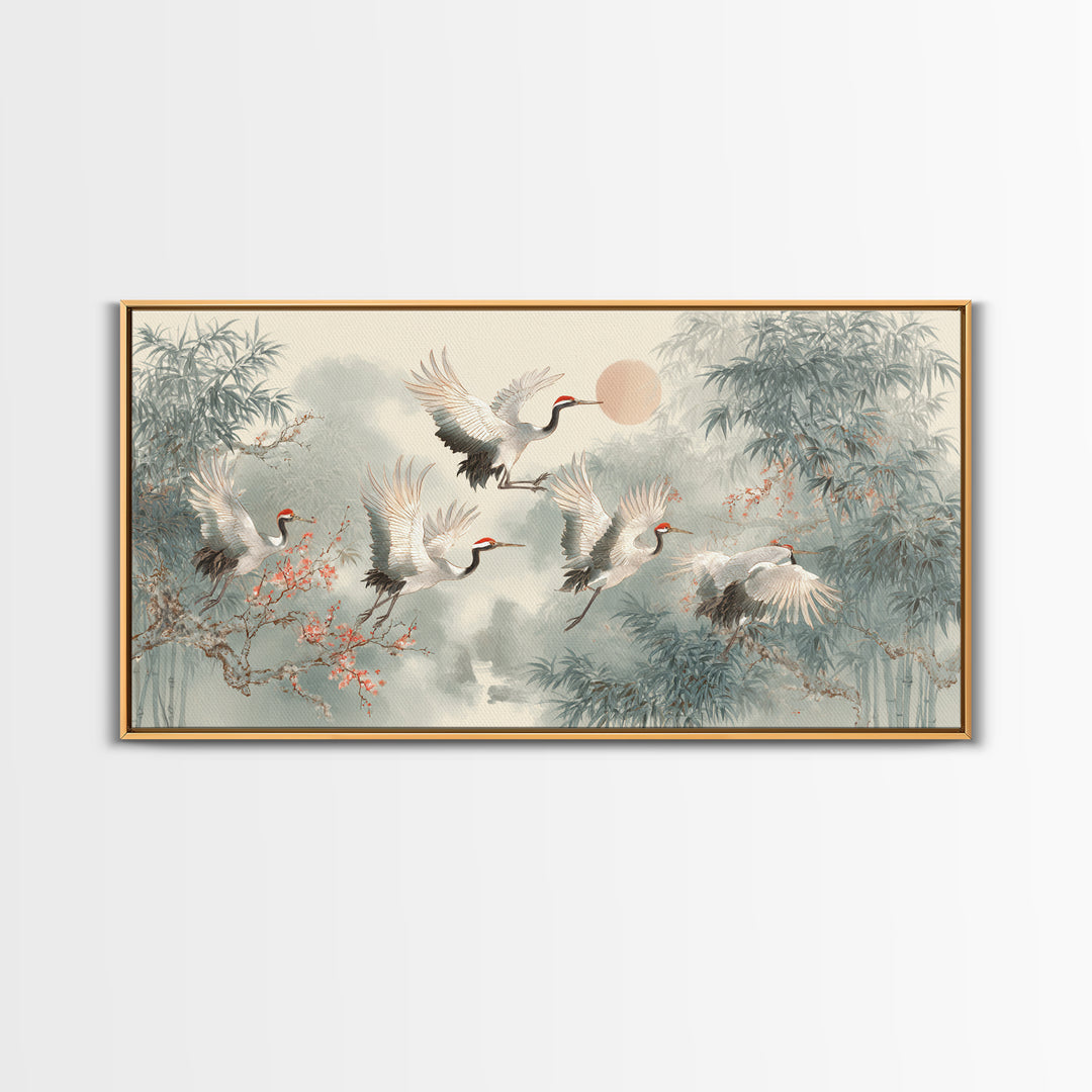 Ethereal Cranes Flying Through Pale Morning Mist Canvas Print, Above Bed Art, Bedroom Decor, Oil Painting, Serenity, ABA-2x1-53
