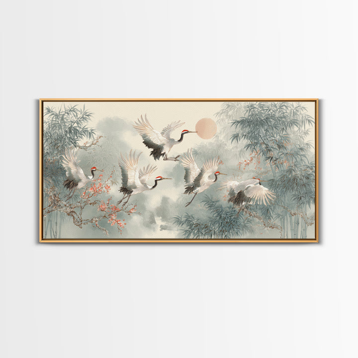 Ethereal Cranes Flying Through Pale Morning Mist Canvas Print, Above Bed Art, Bedroom Decor, Oil Painting, Serenity, ABA-2x1-53