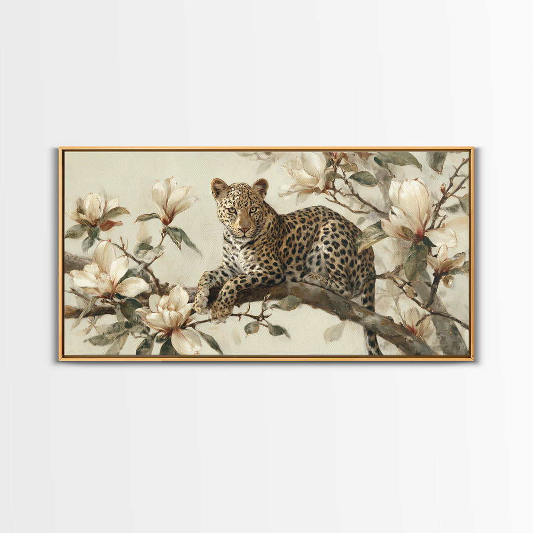Delicate Magnolia Branch on Cream Background Framed Canvas Print, Above Bed Art, Mid Century Modern, Bedroom Decor, Serenity, ABA-2x1-60