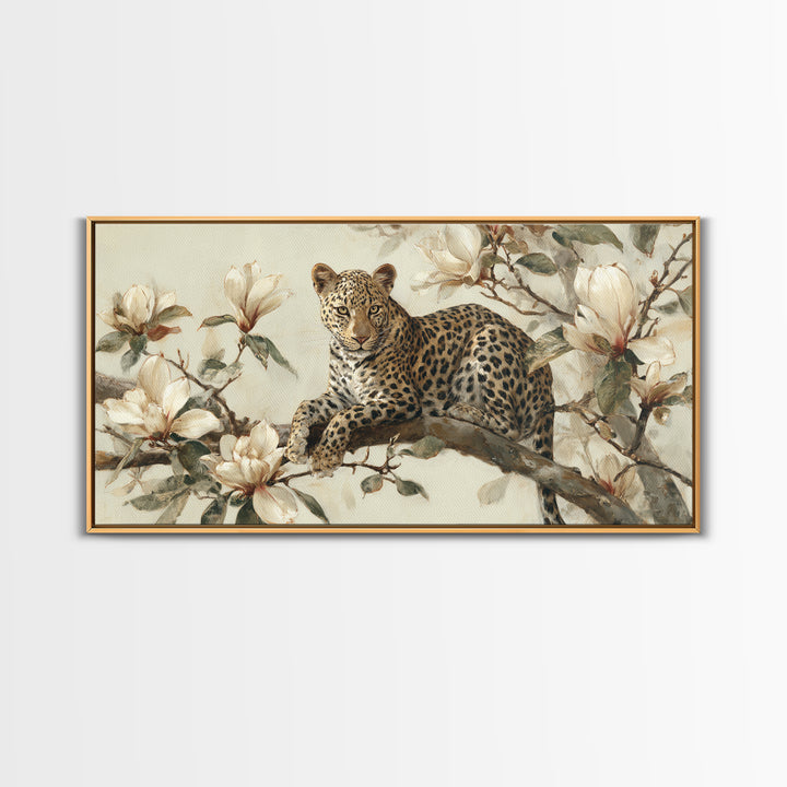 Delicate Magnolia Branch on Cream Background Framed Canvas Print, Above Bed Art, Mid Century Modern, Bedroom Decor, Serenity, ABA-2x1-60