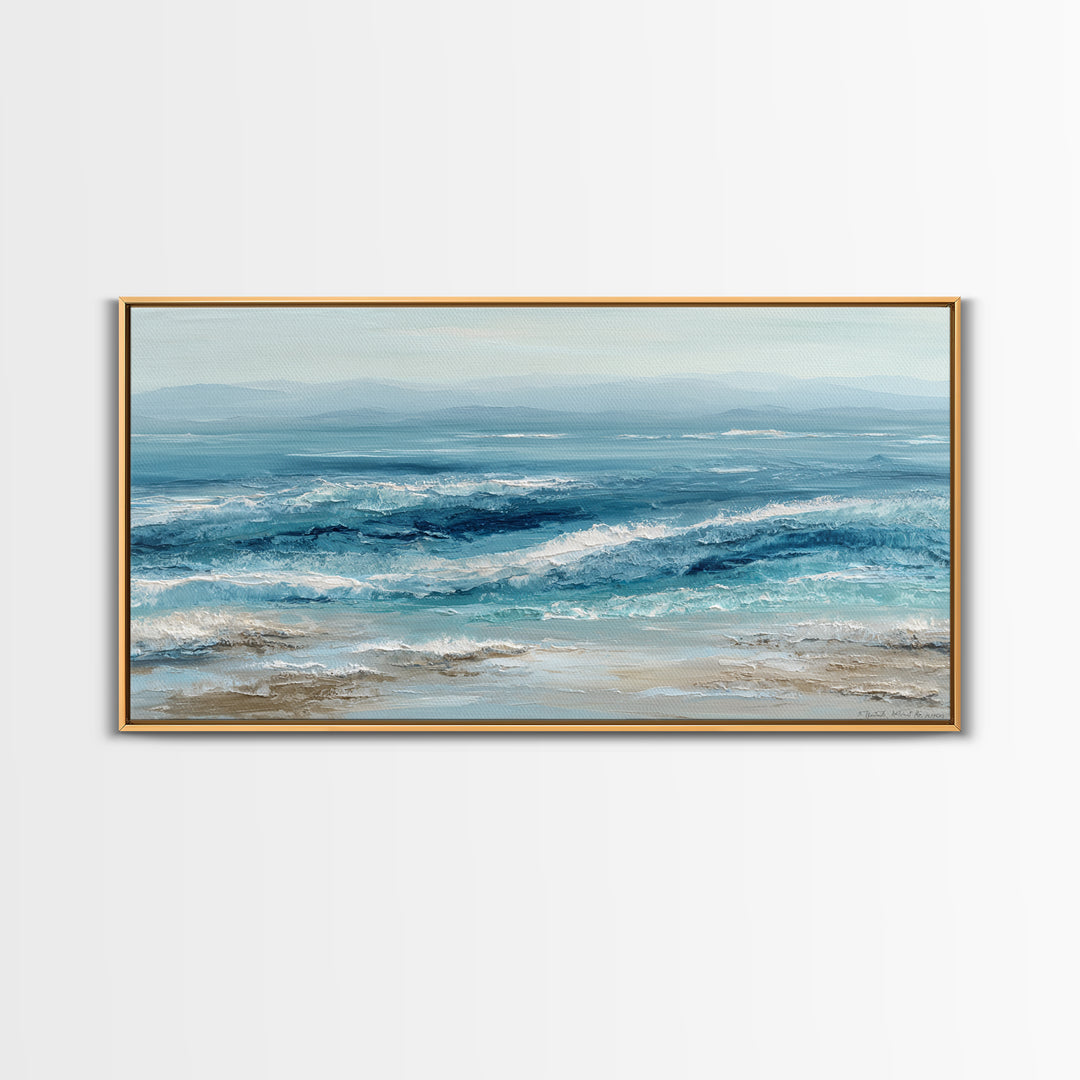 Serene Ocean Tide Seen from Above Framed Canvas Print, Above Bed Art, Wall Art Prints, Bedroom Decor, Fine Art, Serenity, ABA-2x1-65