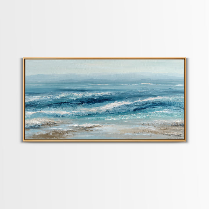 Serene Ocean Tide Seen from Above Framed Canvas Print, Above Bed Art, Wall Art Prints, Bedroom Decor, Fine Art, Serenity, ABA-2x1-65