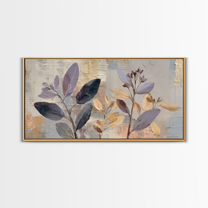 Tonal Botanical Shadows on Plaster Surface Framed Canvas Print, Above Bed Art, 3 Piece Wall Art, Bedroom Decor, Serenity, ABA-2x1-67