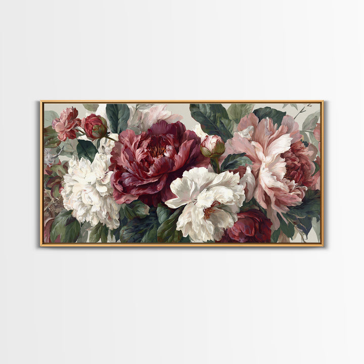 Romantic Oversized Peony Bloom on Warm Linen Canvas Print, Above Bed Art, Digital Art, Bedroom Decor, Fine Art, Serenity, ABA-2x1-70