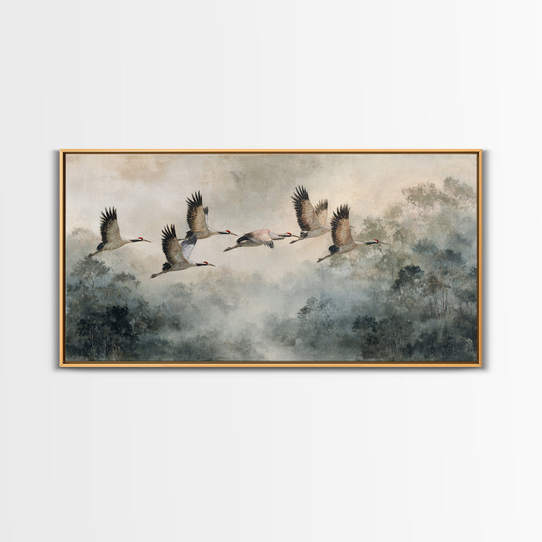 Ethereal Cranes Flying Through Pale Morning Mist Canvas Print, Above Bed Art, Bedroom Decor, Oil Painting, Serenity, ABA-2x1-77