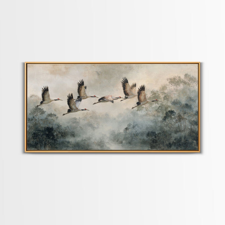 Ethereal Cranes Flying Through Pale Morning Mist Canvas Print, Above Bed Art, Bedroom Decor, Oil Painting, Serenity, ABA-2x1-77