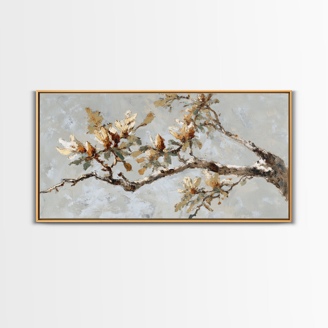Delicate Magnolia Branch on Cream Background Framed Canvas Print, Above Bed Art, Boho Wall Art, Bedroom Decor, Watercolor Art, ABA-2x1-84