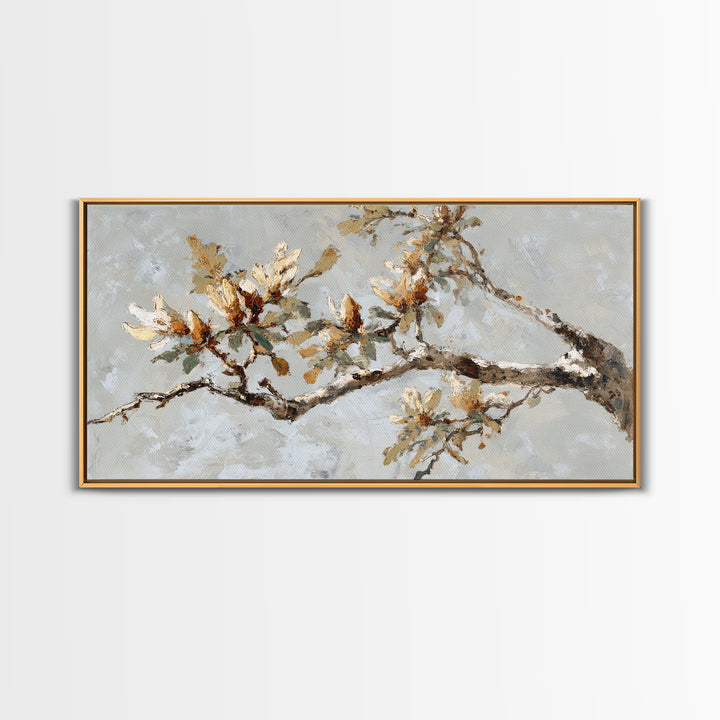 Delicate Magnolia Branch on Cream Background Framed Canvas Print, Above Bed Art, Boho Wall Art, Bedroom Decor, Watercolor Art, ABA-2x1-84