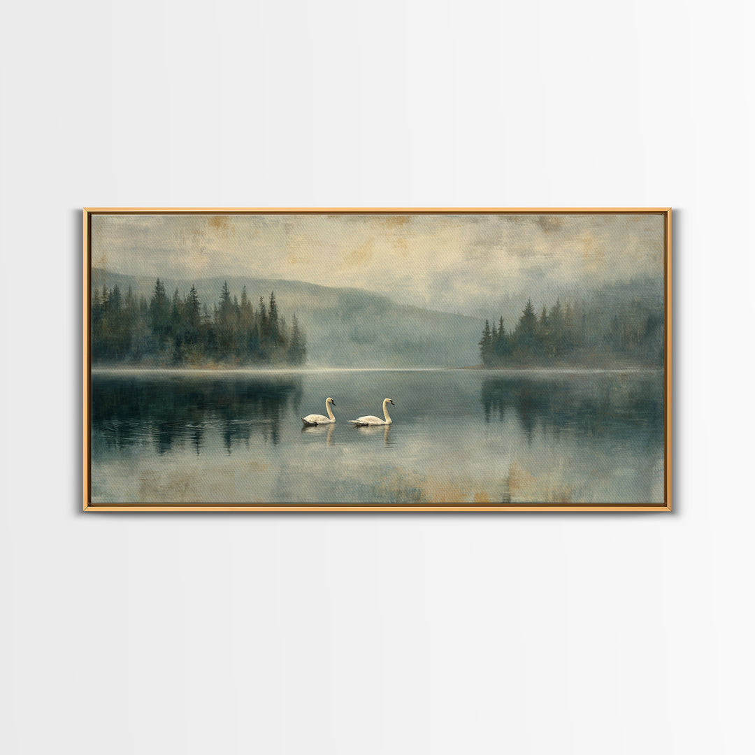 Paired Swans in a Dreamy Painterly Lake Framed Canvas Print, Above Bed Art, Digital Prints, Bedroom Decor, Fine Art, Serenity, ABA-2x1-90