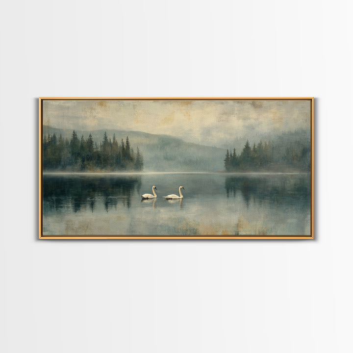 Paired Swans in a Dreamy Painterly Lake Framed Canvas Print, Above Bed Art, Digital Prints, Bedroom Decor, Fine Art, Serenity, ABA-2x1-90