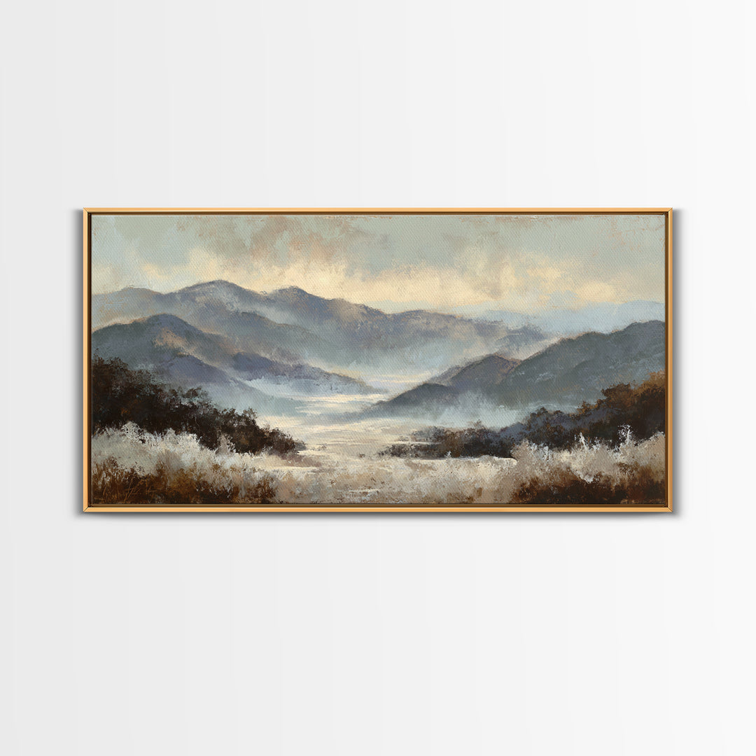 Panoramic Misty Mountain Landscape Canvas Print, Above Bed Art, Textured Wall Art, Bedroom Decor, Fine Art, Serenity, ABA-2x1-93
