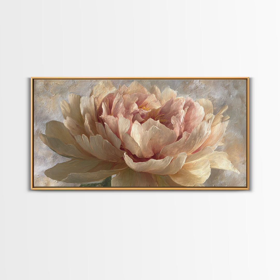 Romantic Oversized Peony Bloom on Warm Linen Canvas Print, Above Bed Art, Digital Art, Bedroom Decor, Fine Art, Serenity, ABA-2x1-94