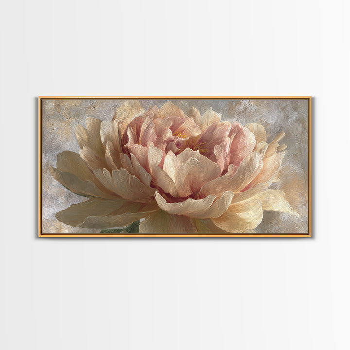 Romantic Oversized Peony Bloom on Warm Linen Canvas Print, Above Bed Art, Digital Art, Bedroom Decor, Fine Art, Serenity, ABA-2x1-94