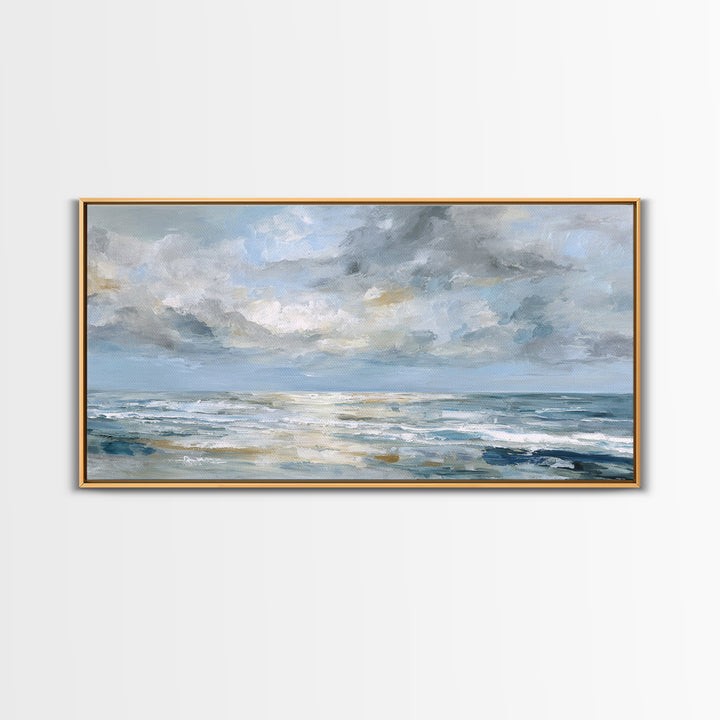 Quiet Moon over a Calm Ocean Horizon Framed Canvas Print, Above Bed Art, Bedroom Wall Decor, Bedroom Decor, Oil Painting, ABA-2x1-95
