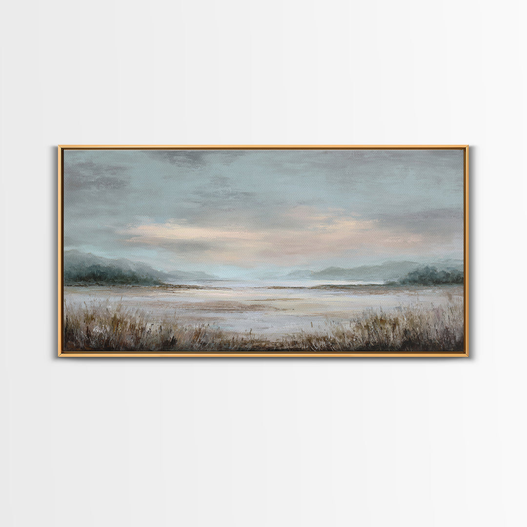 Tranquil Cloudscape with Blush Undertones Framed Canvas Print, Above Bed Art, Digital Print, Bedroom Decor, Fine Art, Serenity, ABA-2x1-97
