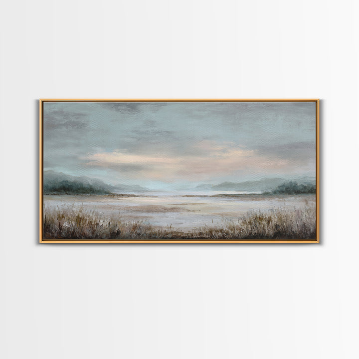 Tranquil Cloudscape with Blush Undertones Framed Canvas Print, Above Bed Art, Digital Print, Bedroom Decor, Fine Art, Serenity, ABA-2x1-97
