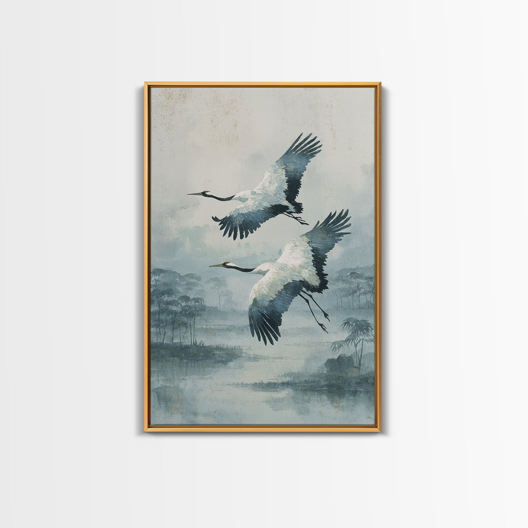 Ethereal Cranes Flying Through Pale Morning Mist Canvas Print, Above Bed Art, Printable Wall Art, Bedroom Decor, Serenity, ABA-2x3-17