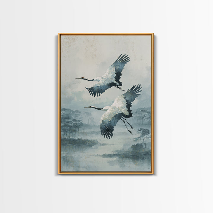 Ethereal Cranes Flying Through Pale Morning Mist Canvas Print, Above Bed Art, Printable Wall Art, Bedroom Decor, Serenity, ABA-2x3-17