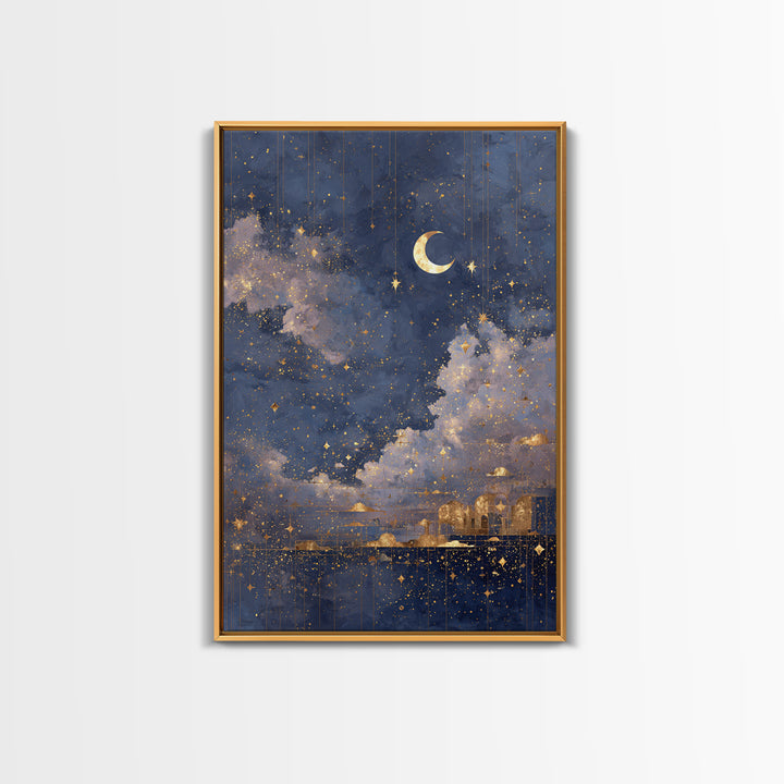Subtle Celestial Scene Framed Canvas Print, Above Bed Art, Bedroom Decor, Oil Painting, Serenity, Textured Wall Art, ABA-2x3-21