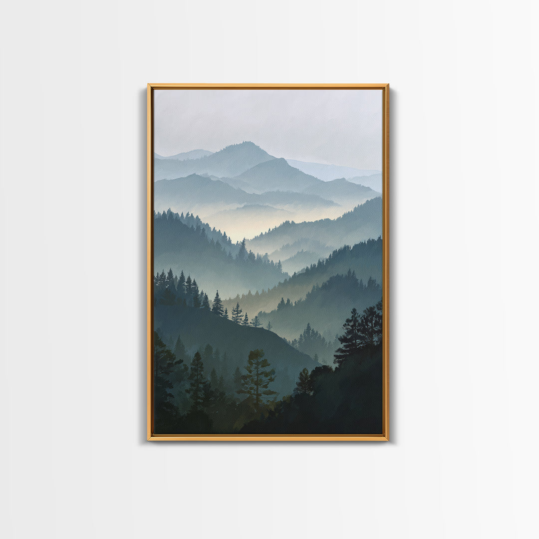 Quiet Forest Ridge Softened by Fog Framed Canvas Print, Above Bed Art, Textured Painting, Bedroom Decor, Fine Art, Serenity, ABA-2x3-22