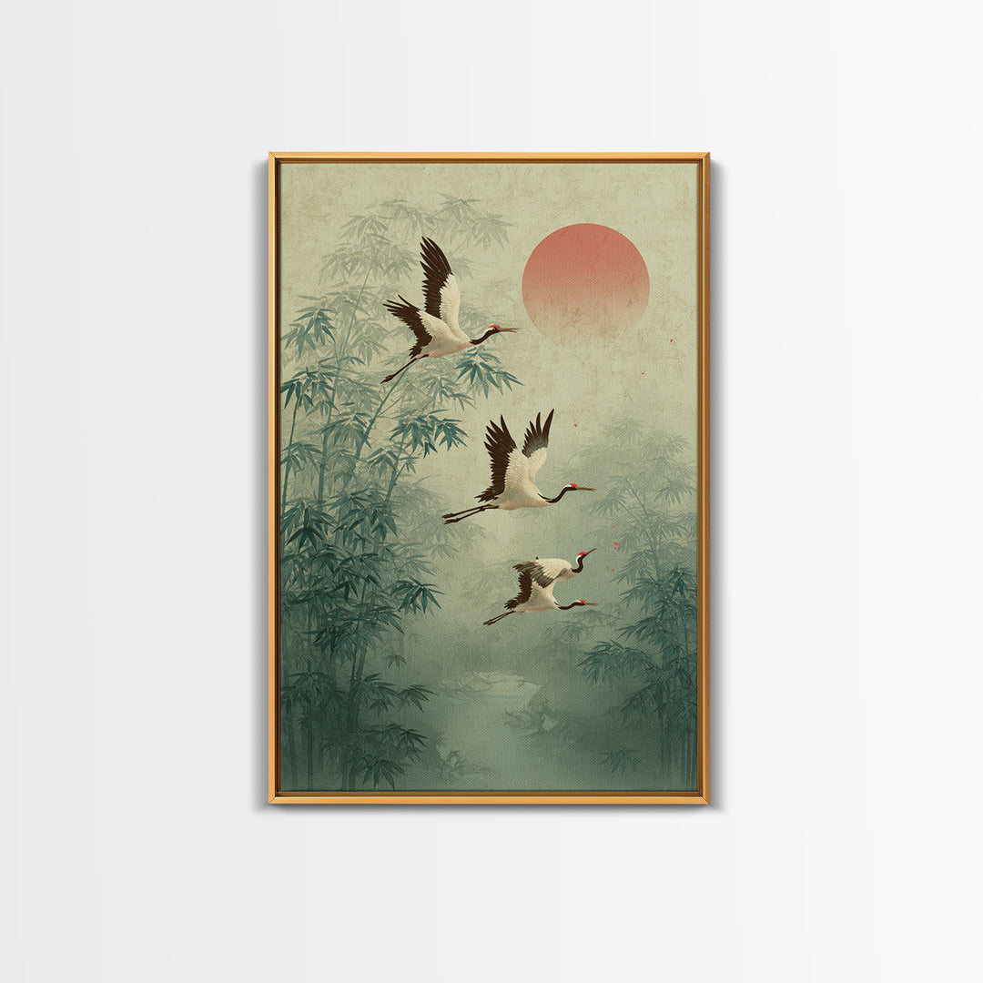 Ethereal Cranes Flying Through Pale Morning Mist Canvas Print, Above Bed Art, Printable Wall Art, Bedroom Decor, Serenity, ABA-2x3-41