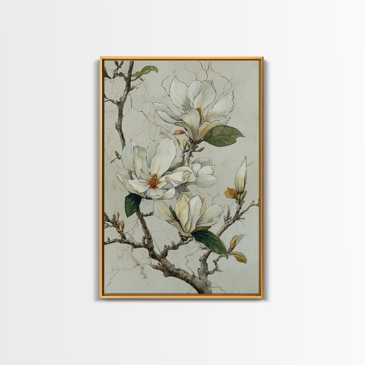 Delicate Magnolia Branch on Cream Background Framed Canvas Print, Above Bed Art, Statement Artwork, Bedroom Decor, Serenity, ABA-2x3-48