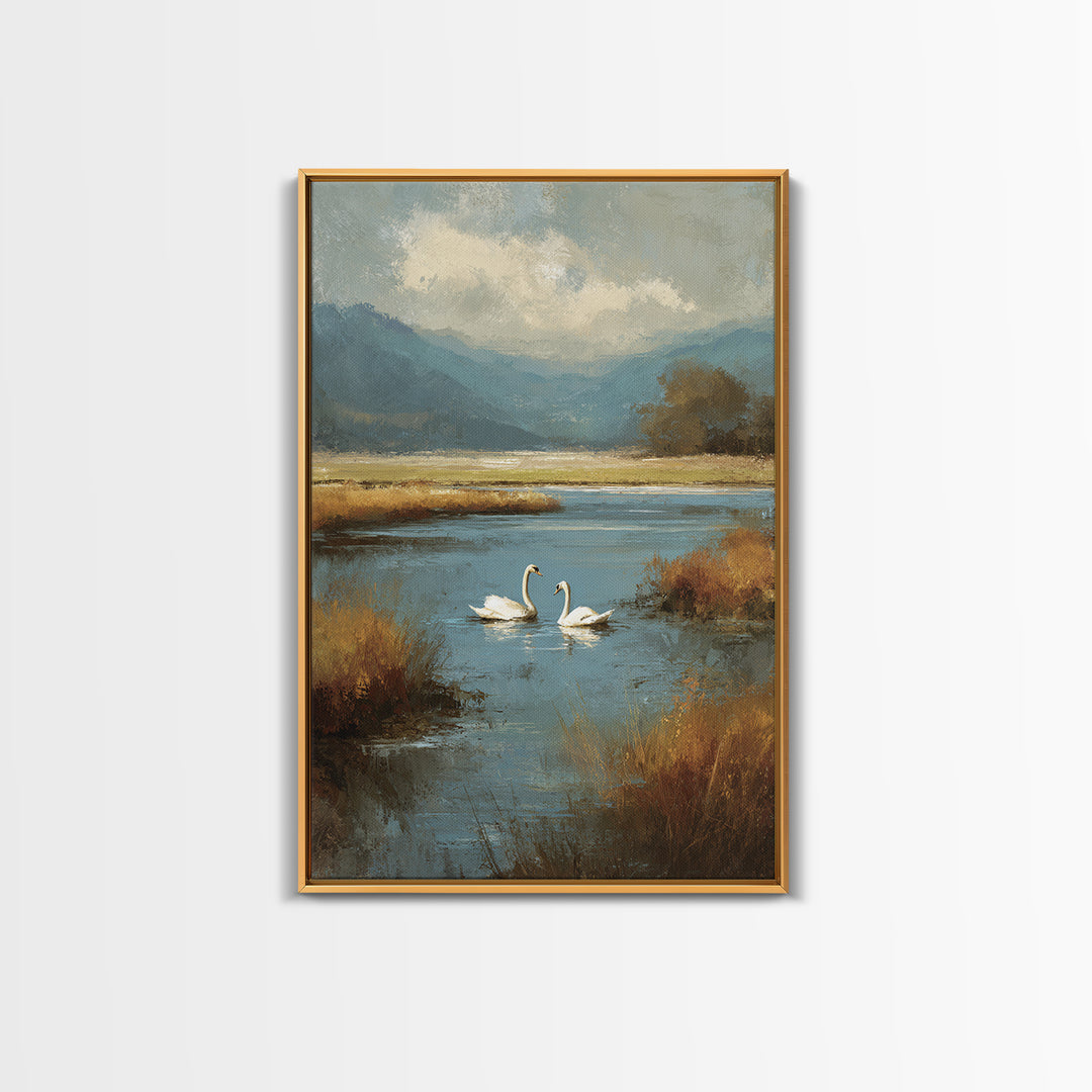 Paired Swans in a Dreamy Painterly Lake Canvas Print, Above Bed Art, Minimalist Decor, Bedroom Decor, Fine Art, Serenity, ABA-2x3-54