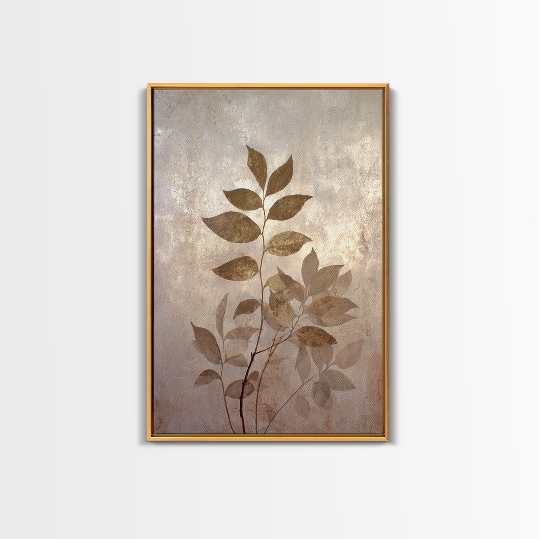 Tonal Botanical Shadows on Plaster Surface Framed Canvas Print, Above Bed Art, Bedroom Decor, Oil Painting, Serenity, ABA-2x3-55