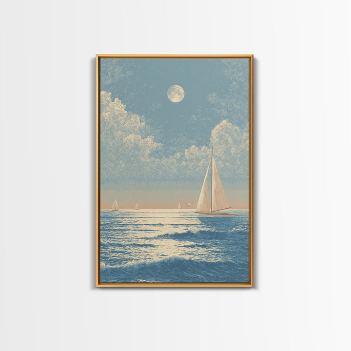 Quiet Moon over a Calm Ocean Horizon Framed Canvas Print, Above Bed Art, Digital Art, Bedroom Decor, Fine Art, Serenity, ABA-2x3-59