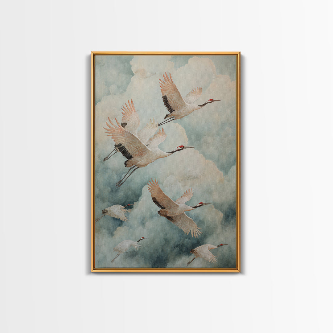 Ethereal Cranes Flying Through Pale Morning Mist Canvas Print, Above Bed Art, Canvas Wall Art, Bedroom Decor, Serenity, ABA-2x3-65