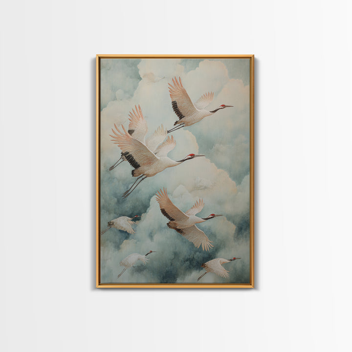 Ethereal Cranes Flying Through Pale Morning Mist Canvas Print, Above Bed Art, Canvas Wall Art, Bedroom Decor, Serenity, ABA-2x3-65