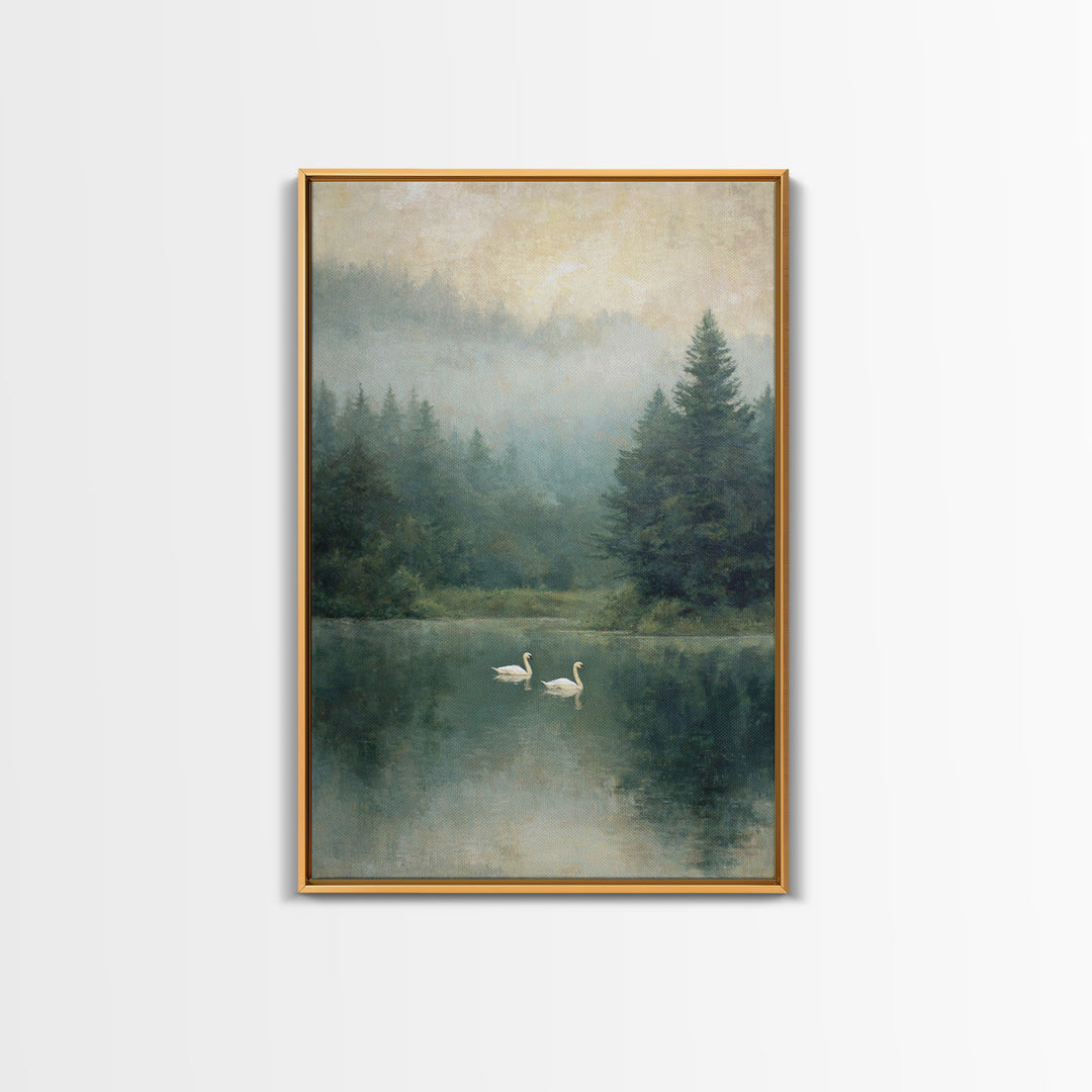 Paired Swans in a Dreamy Painterly Lake Framed Canvas Print, Above Bed Art, Printable Wall Art, Bedroom Decor, Serenity, ABA-2x3-78