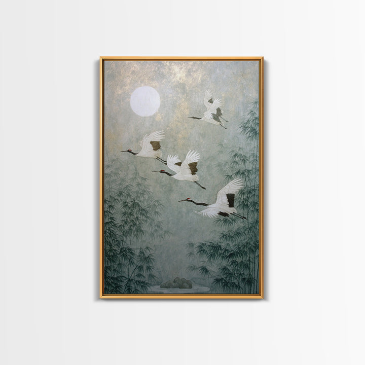 Ethereal Cranes Flying Through Pale Morning Mist Canvas Print, Above Bed Art, Living Room Decor, Bedroom Decor, Serenity, ABA-2x3-89