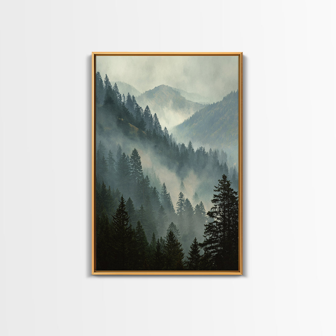 Quiet Forest Ridge Softened by Fog Framed Canvas Print, Above Bed Art, Large Wall Art, Bedroom Decor, Fine Art, Serenity, ABA-2x3-94