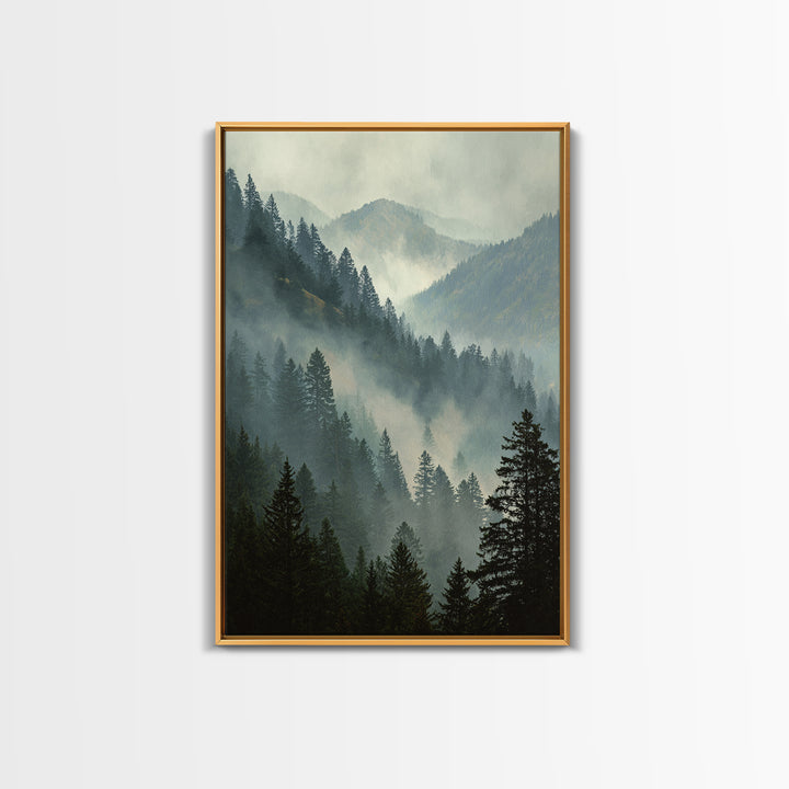 Quiet Forest Ridge Softened by Fog Framed Canvas Print, Above Bed Art, Large Wall Art, Bedroom Decor, Fine Art, Serenity, ABA-2x3-94