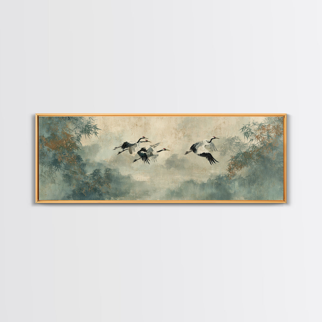 Ethereal Cranes Flying Through Pale Morning Mist Framed Canvas Print, Above Bed Art, Apartment Decor, Bedroom Decor, Serenity, ABA-3x1-1