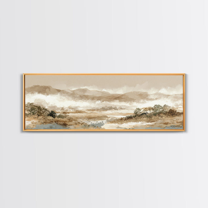 Panoramic Misty Mountain Landscape Framed Canvas Print, Above Bed Art, Boho Wall Art, Bedroom Decor, Fine Art, Serenity, ABA-3x1-17