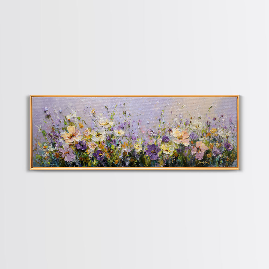 Wide Meadow of Muted Wildflowers at Dusk Framed Canvas Print, Above Bed Art, Bedroom Decor, Watercolor Art, Serenity, ABA-3x1-2