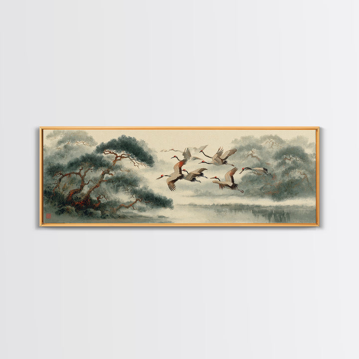 Ethereal Cranes Flying Through Pale Morning Mist Canvas Print, Above Bed Art, Dopamine Decor, Bedroom Decor, Abstract Art, ABA-3x1-25