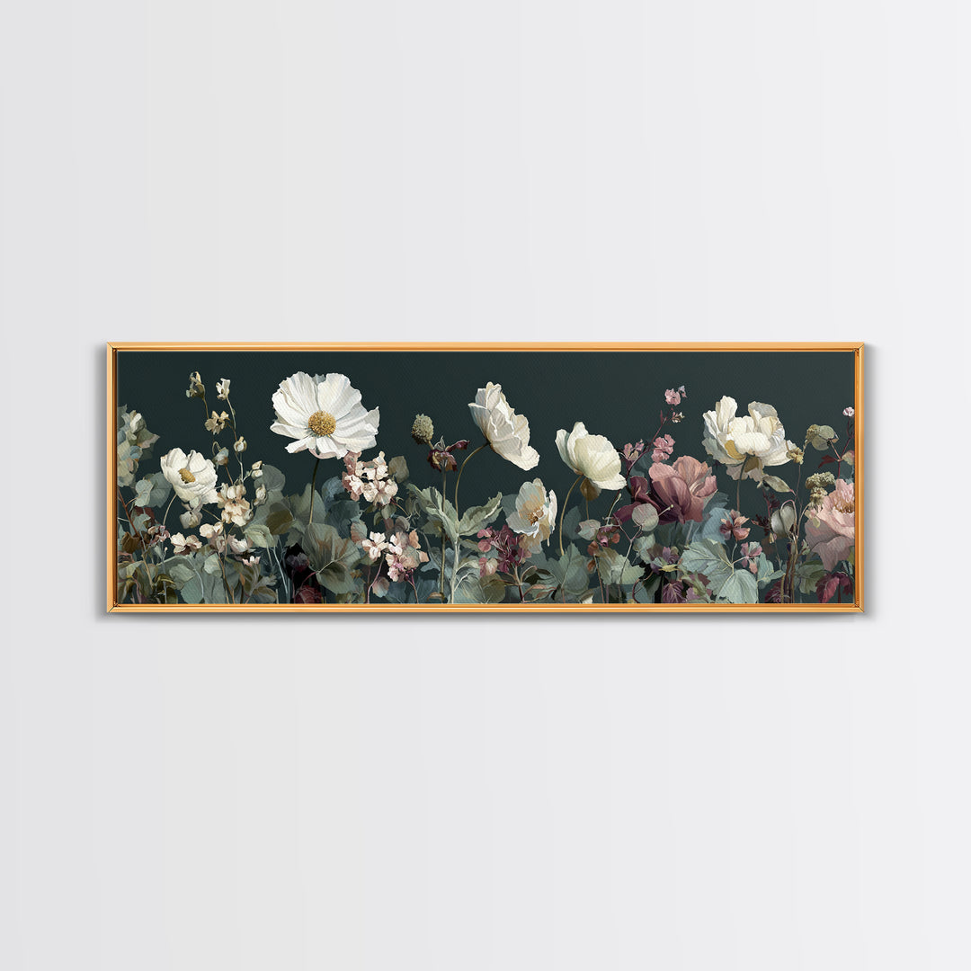 Wide Meadow of Muted Wildflowers at Dusk Canvas Print, Above Bed Art, Bedroom Decor, Serenity, Boho Decor, Western Decor, ABA-3x1-26