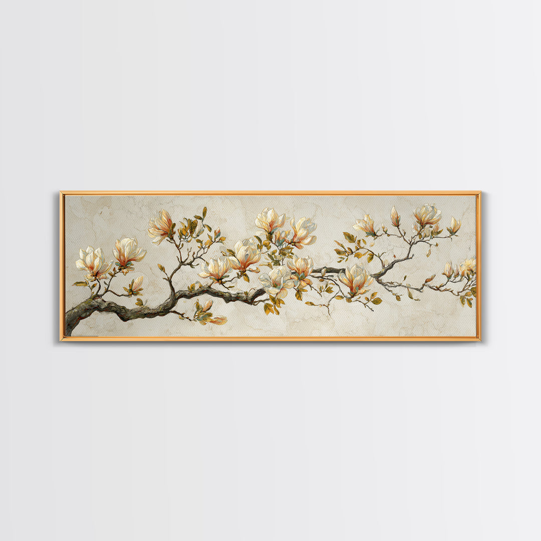 Delicate Magnolia Branch on Cream Background Framed Canvas Print, Above Bed Art, Bedroom Wall Decor, Bedroom Decor, Serenity, ABA-3x1-32
