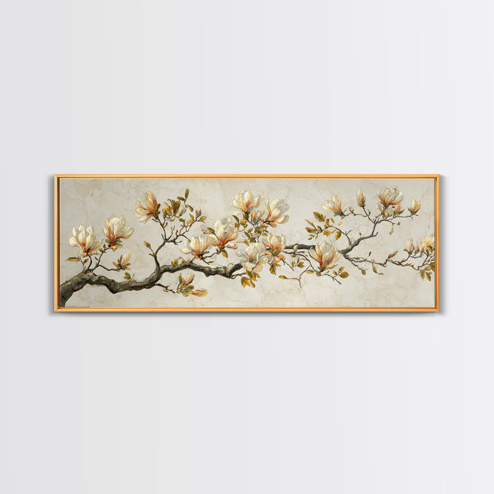 Delicate Magnolia Branch on Cream Background Framed Canvas Print, Above Bed Art, Bedroom Wall Decor, Bedroom Decor, Serenity, ABA-3x1-32