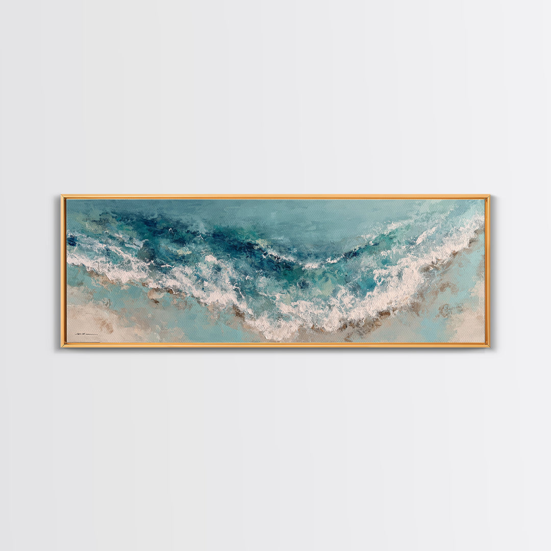 Serene Ocean Tide Seen from Above Framed Canvas Print, Above Bed Art, Whimsical Decor, Bedroom Decor, Fine Art, Serenity, ABA-3x1-37