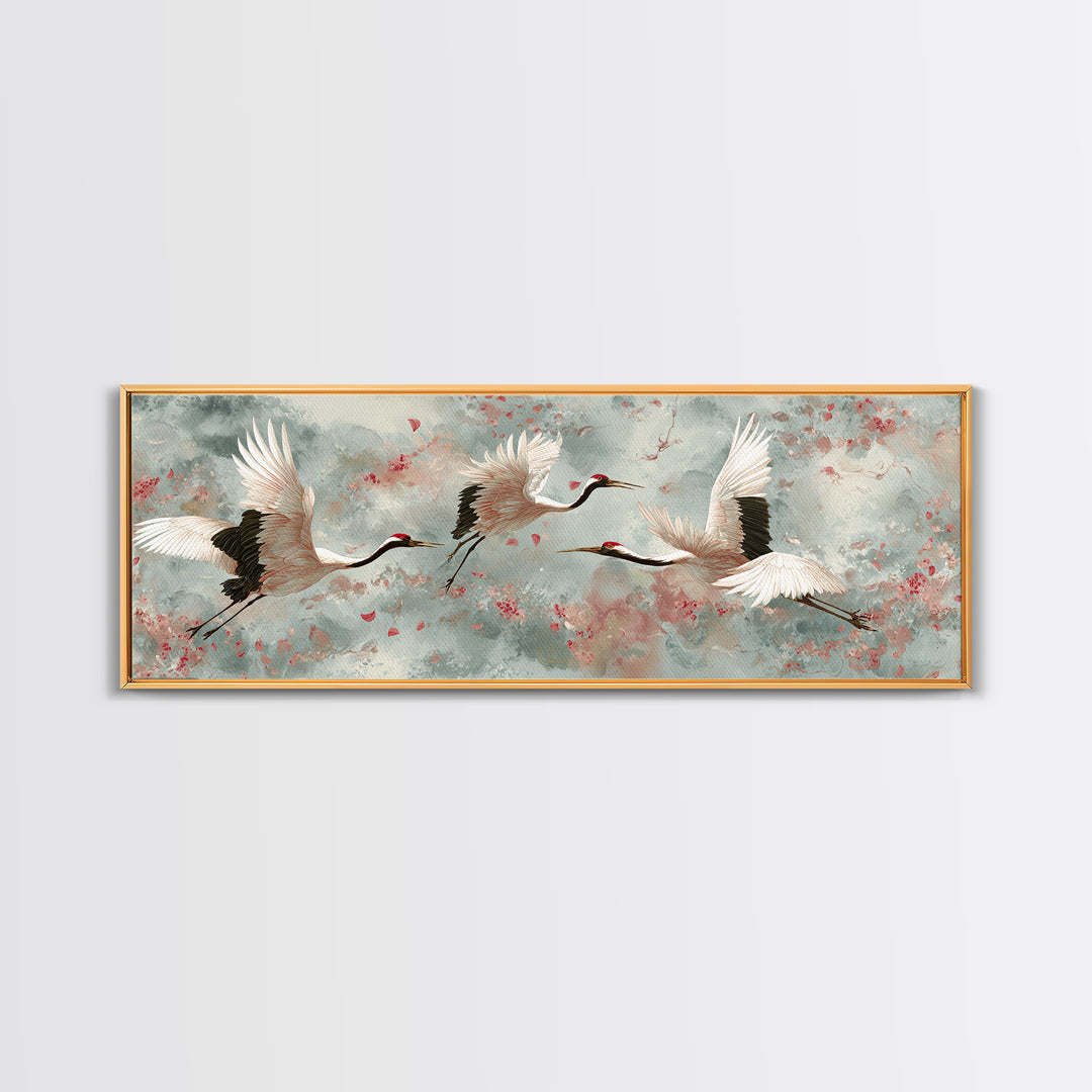 Ethereal Cranes Flying Through Pale Morning Mist Canvas Print, Above Bed Art, Dopamine Decor, Bedroom Decor, Abstract Art, ABA-3x1-49