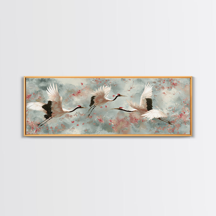 Ethereal Cranes Flying Through Pale Morning Mist Canvas Print, Above Bed Art, Dopamine Decor, Bedroom Decor, Abstract Art, ABA-3x1-49